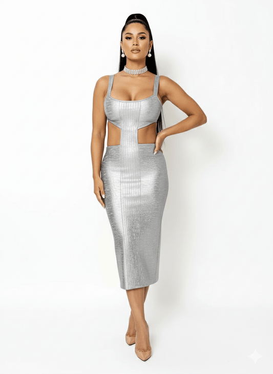 Astra Silver Stamped Hollow - Out Bandage Midi Dress by Luxe Lane | from Luxe Lane | SKU:  | Barcode:  | Options: Silver XS | Astra Silver Stamped Hollow - Out Bandage Midi Dress