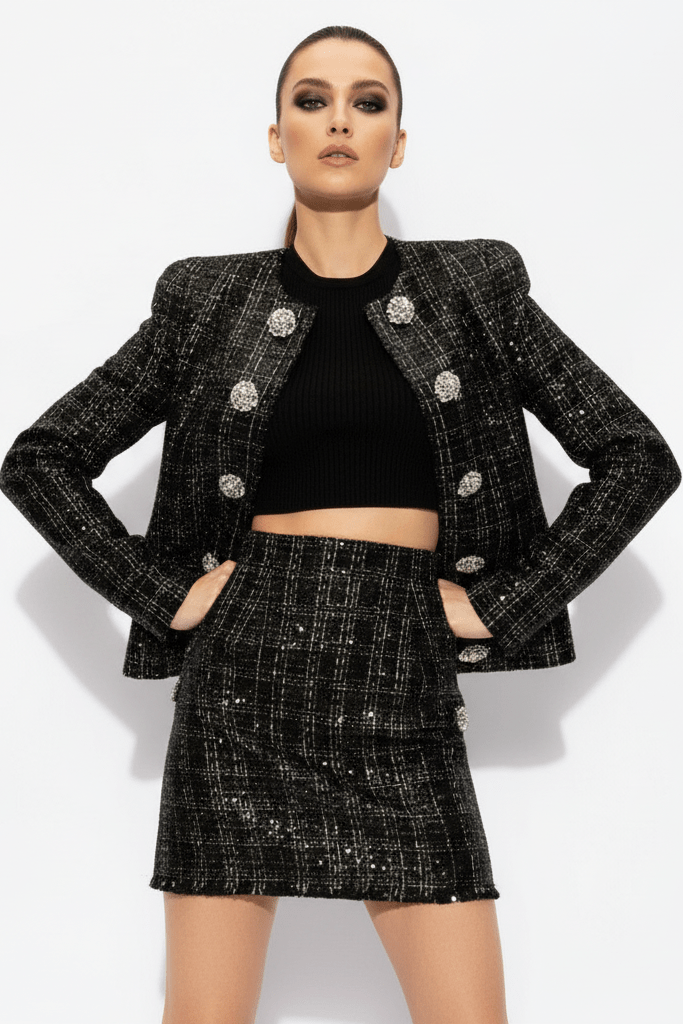 Astrid Noir Rhinestone Tweed Blazer & Mini Skirt Set by Shine | one set from Luxe Lane | SKU: -1 | Barcode:  | Options: Black S | Astrid Noir Rhinestone Tweed Blazer & Mini Skirt Set