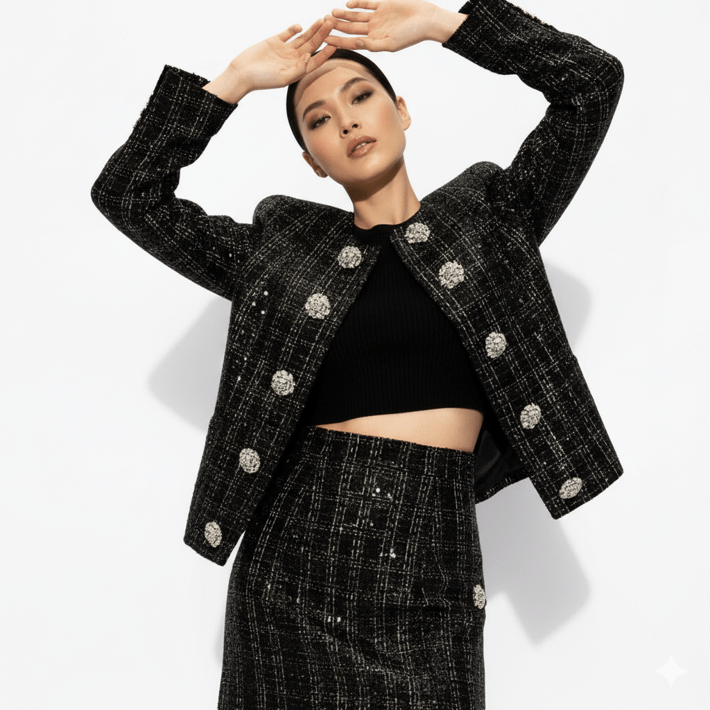 Astrid Noir Rhinestone Tweed Blazer & Mini Skirt Set by Shine | one set from Luxe Lane | SKU: -1 | Barcode:  | Options: Black S | Astrid Noir Rhinestone Tweed Blazer & Mini Skirt Set