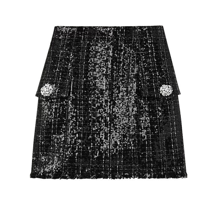 Astrid Noir Rhinestone Tweed Blazer & Mini Skirt Set by Shine | one set from Luxe Lane | SKU: -1 | Barcode:  | Options: Black S | 2025 Trendy Women Clothes Black Two Piece Blazer Set Rhinestone Buttons Sequin Long Sleeve Jacket and Mini Skirt Tweed Skirt Set