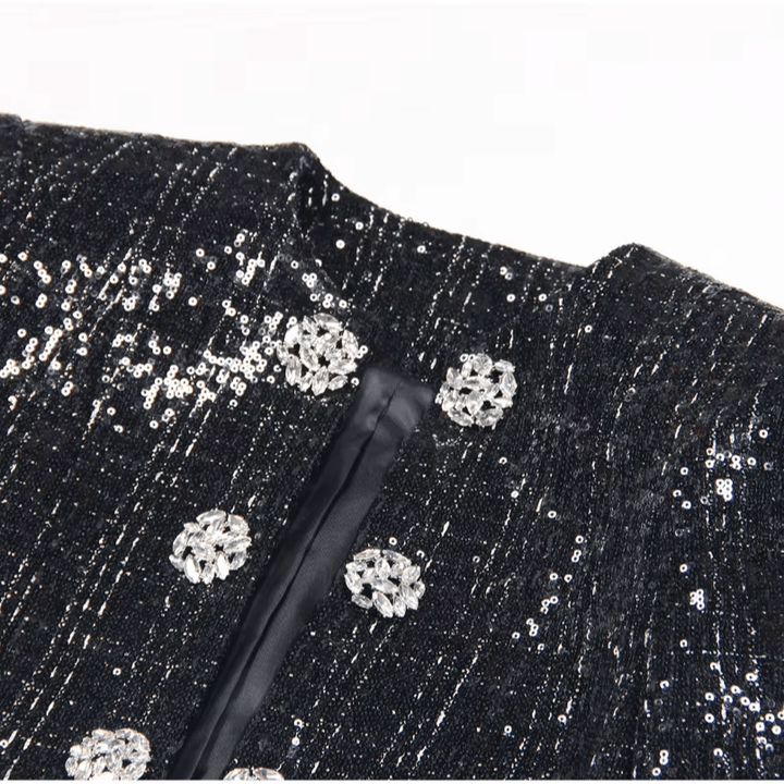 Astrid Noir Rhinestone Tweed Blazer & Mini Skirt Set by Shine | one set from Luxe Lane | SKU: -1 | Barcode:  | Options: Black S | 2025 Trendy Women Clothes Black Two Piece Blazer Set Rhinestone Buttons Sequin Long Sleeve Jacket and Mini Skirt Tweed Skirt Set
