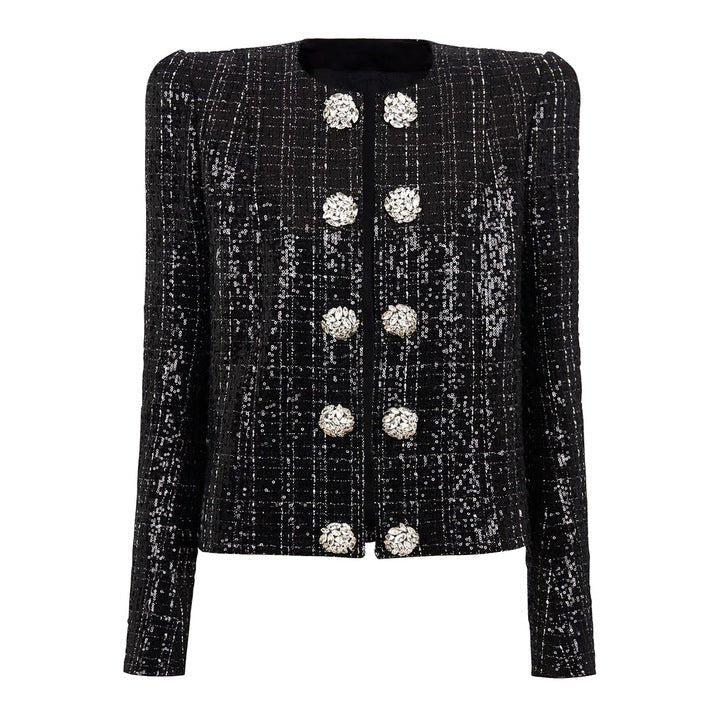Astrid Noir Rhinestone Tweed Blazer & Mini Skirt Set by Shine | one set from Luxe Lane | SKU: -1 | Barcode:  | Options: Black S | 2025 Trendy Women Clothes Black Two Piece Blazer Set Rhinestone Buttons Sequin Long Sleeve Jacket and Mini Skirt Tweed Skirt Set