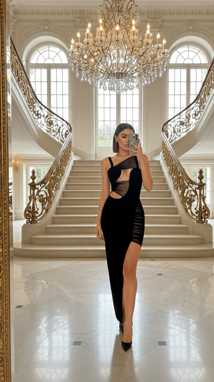 Asymmetrical Mesh Patchwork Evening DressParty DressesBlackXS(4)Luxe Lane