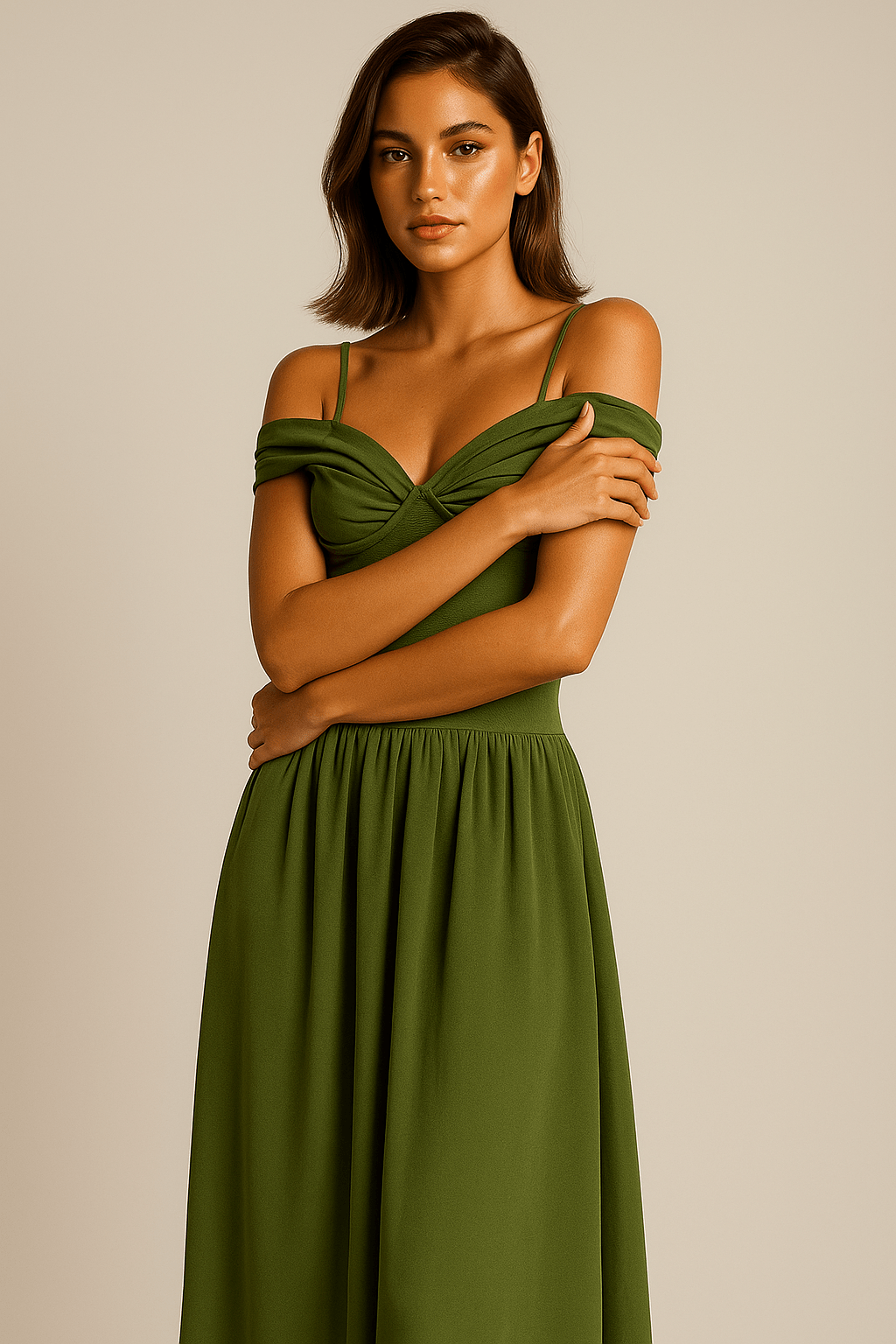 Auréa Verde Corset Ruched Maxi Dress by Luxe Lane | Dresses from Luxe Lane | SKU: -1 | Barcode:  | Options: Green S | studio portrait of model in Luxe Lane olive green evening dress with sweetheart neckline and flowing hemline