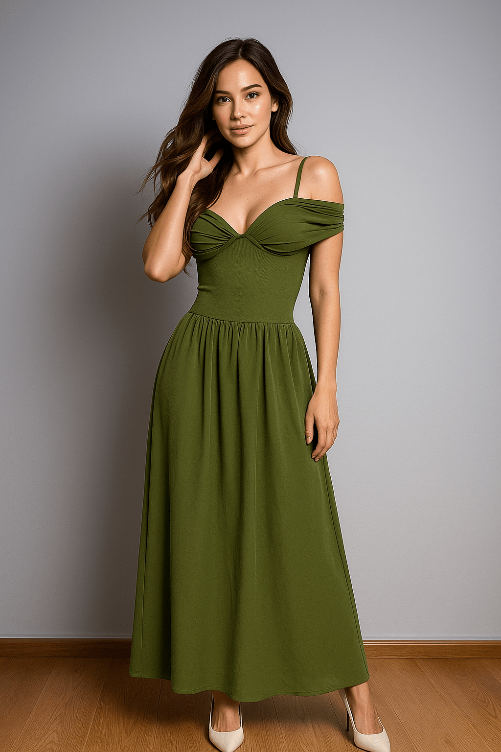 Auréa Verde Corset Ruched Maxi Dress by Luxe Lane | Dresses from Luxe Lane | SKU: -1 | Barcode:  | Options: Green S | elegant Luxe Lane women’s olive green off - shoulder party dress with fitted top and long pleated skirt