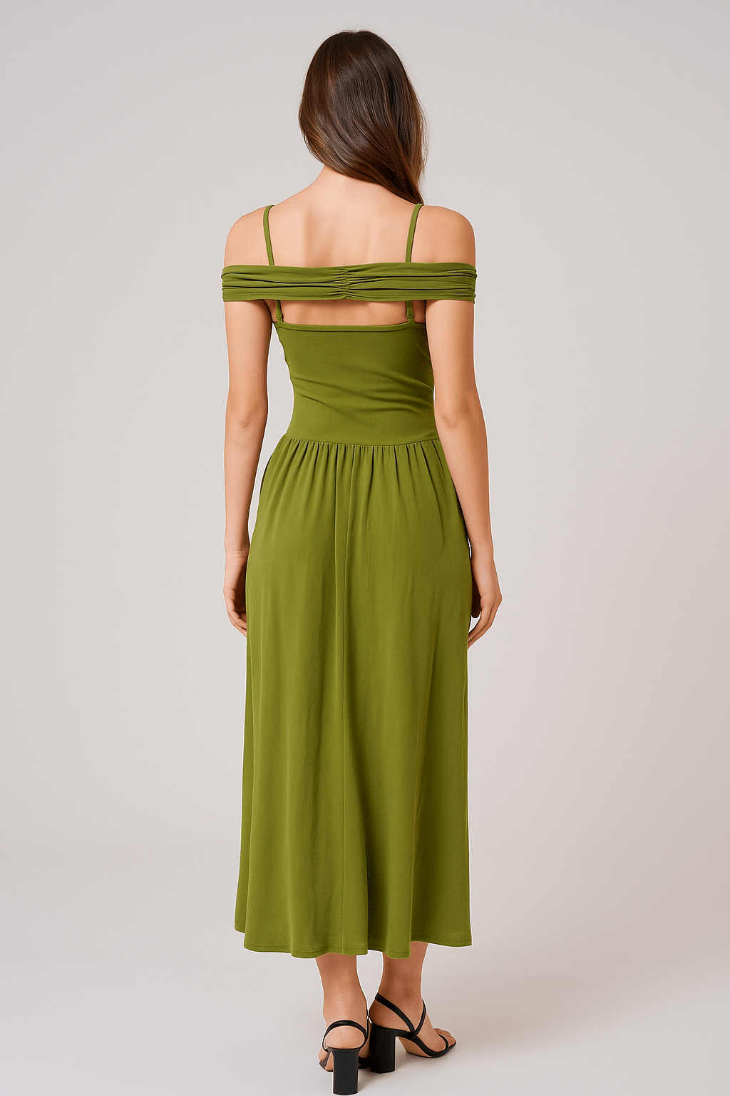 Auréa Verde Corset Ruched Maxi Dress by Luxe Lane | Dresses from Luxe Lane | SKU: -1 | Barcode:  | Options: Green S | Green off - shoulder dress worn by a model on a plain background.back view of Luxe Lane olive green off - shoulder evening dress with flowing maxi skirt and elegant fit
