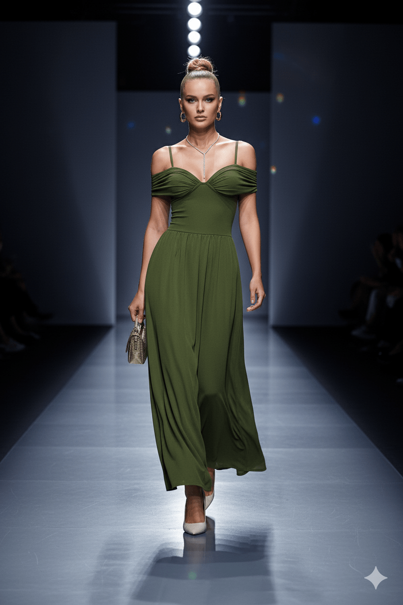 Auréa Verde Corset Ruched Maxi Dress by Luxe Lane | Dresses from Luxe Lane | SKU: -1 | Barcode:  | Options: Green S | front view of Luxe Lane olive green off - shoulder maxi dress with sweetheart neckline and gathered waist