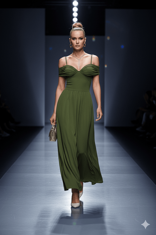 Auréa Verde Corset Ruched Maxi Dress by Luxe Lane | Dresses from Luxe Lane | SKU: -1 | Barcode:  | Options: Green S | front view of Luxe Lane olive green off - shoulder maxi dress with sweetheart neckline and gathered waist