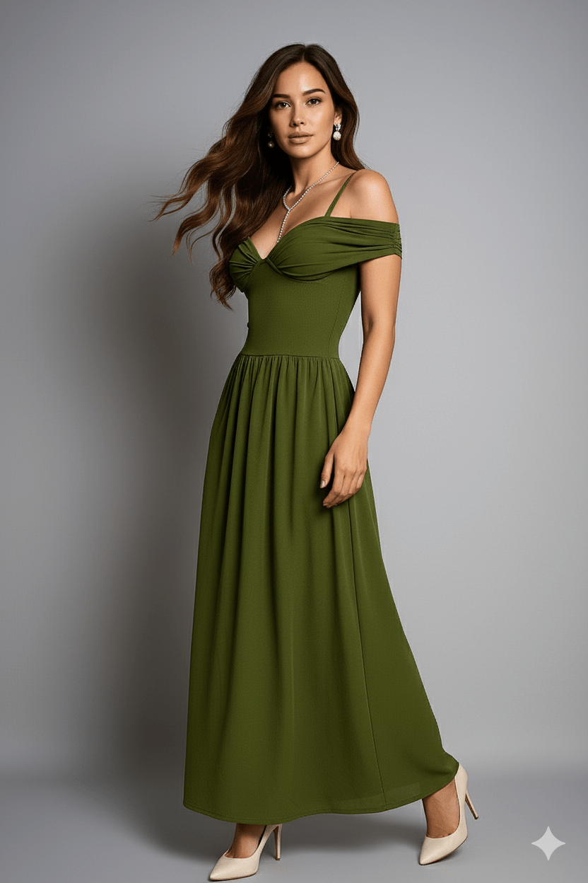 Auréa Verde Corset Ruched Maxi Dress by Luxe Lane | Dresses from Luxe Lane | SKU: -1 | Barcode:  | Options: Green S | full - length photo of model wearing Luxe Lane olive green evening gown with gold necklace and white heels