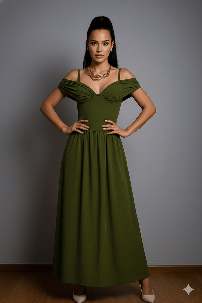 Auréa Verde Corset Ruched Maxi Dress by Luxe Lane | Dresses from Luxe Lane | SKU: -1 | Barcode:  | Options: Green S | front portrait of model in olive green formal maxi dress with minimalist luxury styling