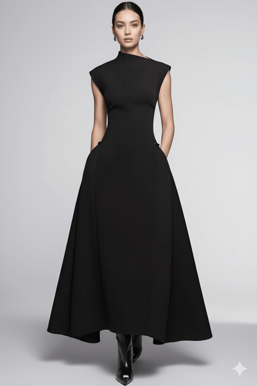 Aurelia Asymmetrical Collar Gown by Luxe Lane | from Luxe Lane | SKU:  | Barcode:  | Options: Black XS | Aurelia Asymmetrical Collar Gown