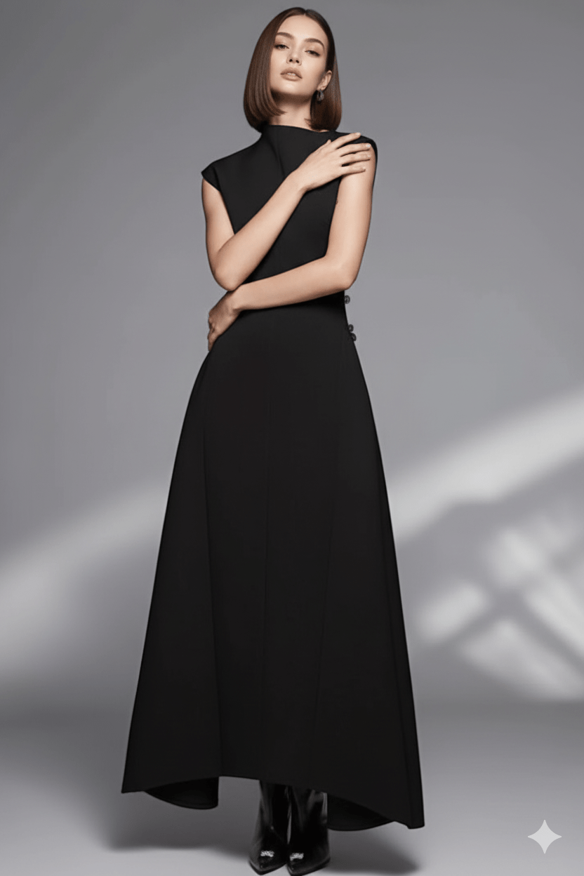 Aurelia Asymmetrical Collar Gown by Luxe Lane | from Luxe Lane | SKU:  | Barcode:  | Options: Brown XS | Aurelia Asymmetrical Collar Gown