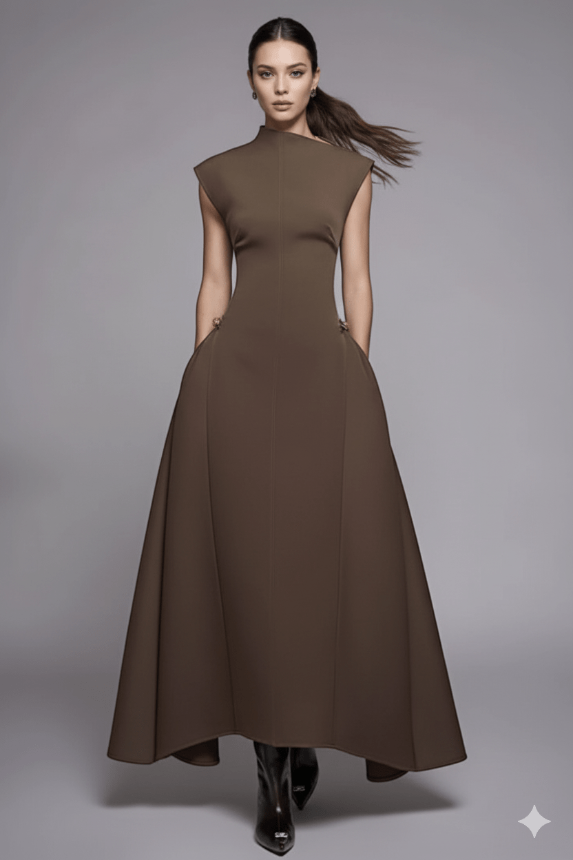 Aurelia Asymmetrical Collar Gown by Luxe Lane | from Luxe Lane | SKU:  | Barcode:  | Options: Brown XS | Aurelia Asymmetrical Collar Gown