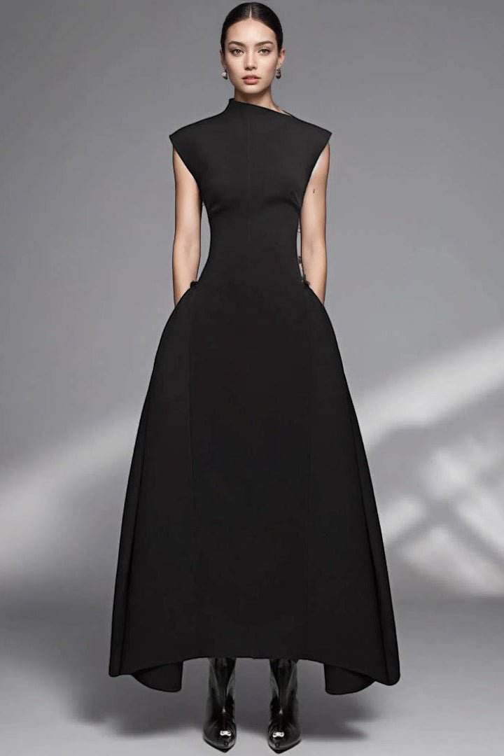 Aurelia Asymmetrical Collar Gown by Luxe Lane | from Luxe Lane | SKU:  | Barcode:  | Options: Brown XS | Wholesale Elegant Womens Clothing Black Formal Dresses Women Evening Gown Sleeveless Asymmetrical Collar Maxi Party Dress
