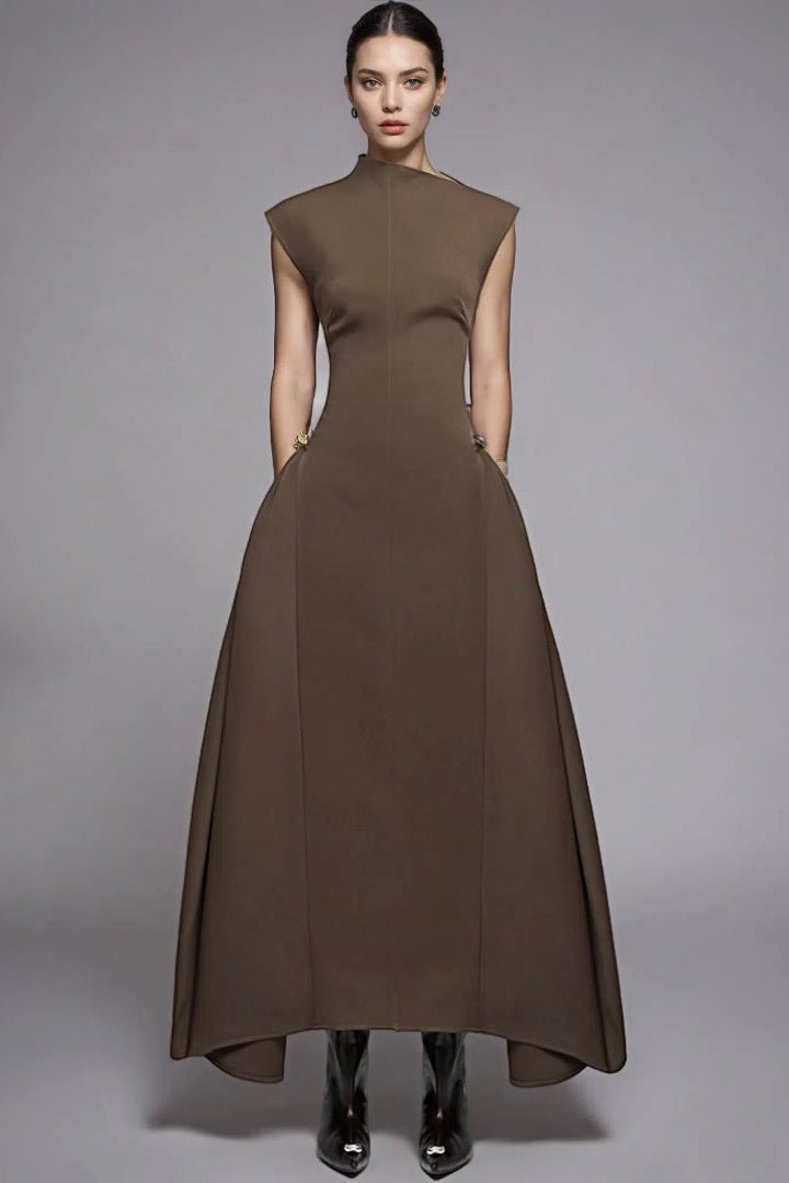 Aurelia Asymmetrical Collar Gown by Luxe Lane | from Luxe Lane | SKU:  | Barcode:  | Options: Brown XS | Wholesale Elegant Womens Clothing Black Formal Dresses Women Evening Gown Sleeveless Asymmetrical Collar Maxi Party Dress