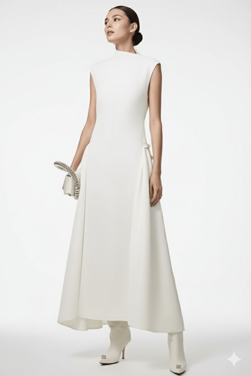 Aurelia Asymmetrical Collar Gown by Luxe Lane | from Luxe Lane | SKU:  | Barcode:  | Options: White XS | Woman wearing a white dress on a white background