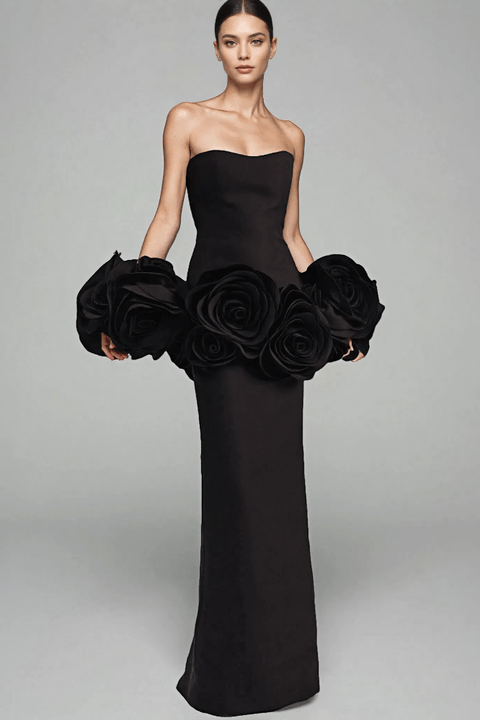 Aurelia Floral Off - Shoulder Gown by Luxe Lane | from Luxe Lane | SKU:  | Barcode:  | Options: Black S | Wholesale Womens Clothing 2025 Ladies Prom Dresses 3D Flower Elegant Black Long Evening Gowns Engagement Party Dress for Women