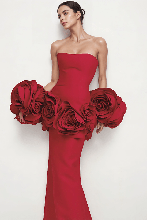 Aurelia Floral Off - Shoulder Gown by Luxe Lane | from Luxe Lane | SKU:  | Barcode:  | Options: Red S | Wholesale Womens Clothing 2025 Ladies Prom Dresses 3D Flower Elegant Black Long Evening Gowns Engagement Party Dress for Women