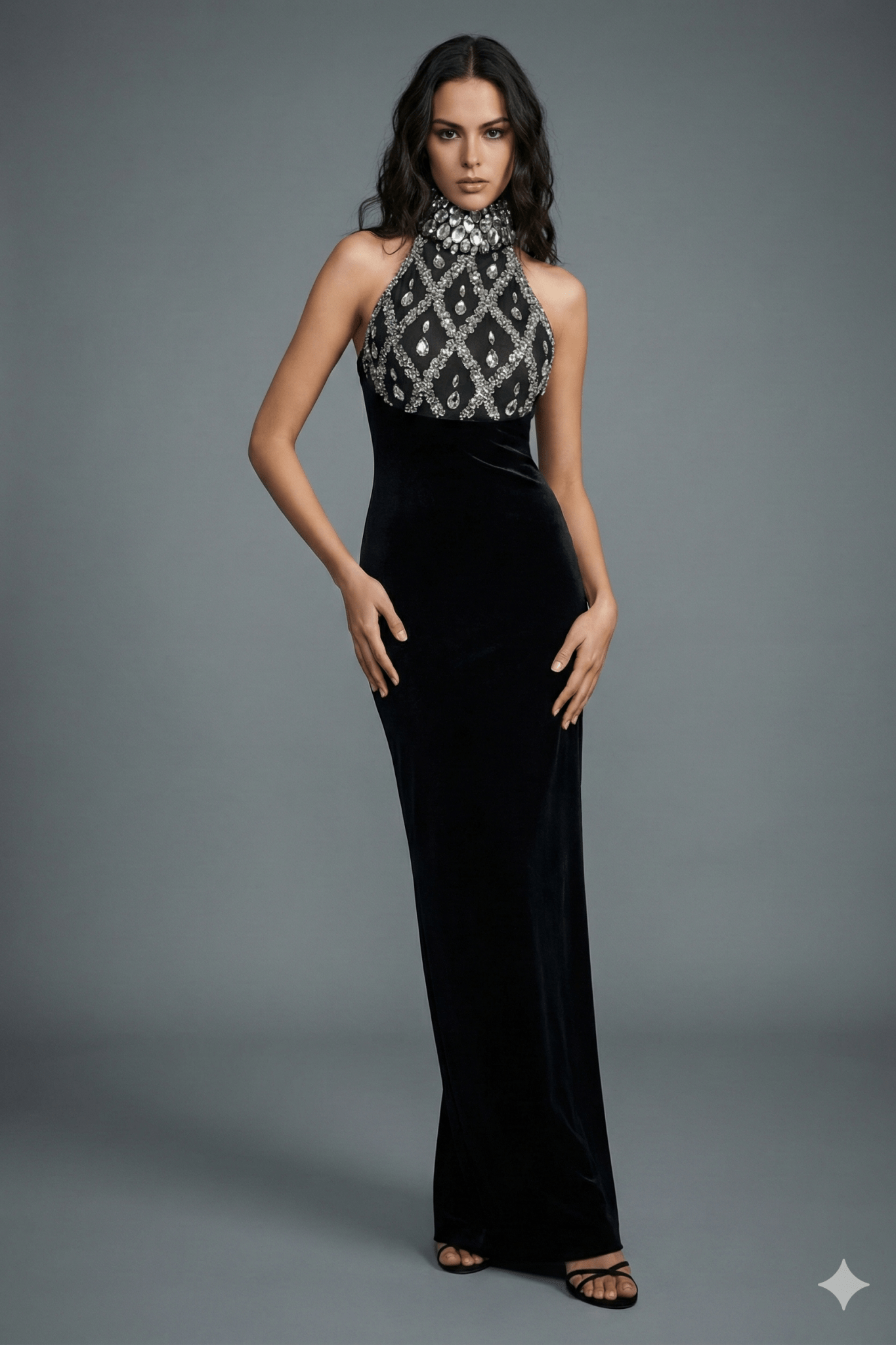 Aurelia Halter Rhinestone Bandage Mermaid Gown by Shine | Ball gown from Luxe Lane | SKU: -1 | Barcode:  | Options: Black S(6) | Woman wearing a black evening gown with a silver embellished top on a gray background