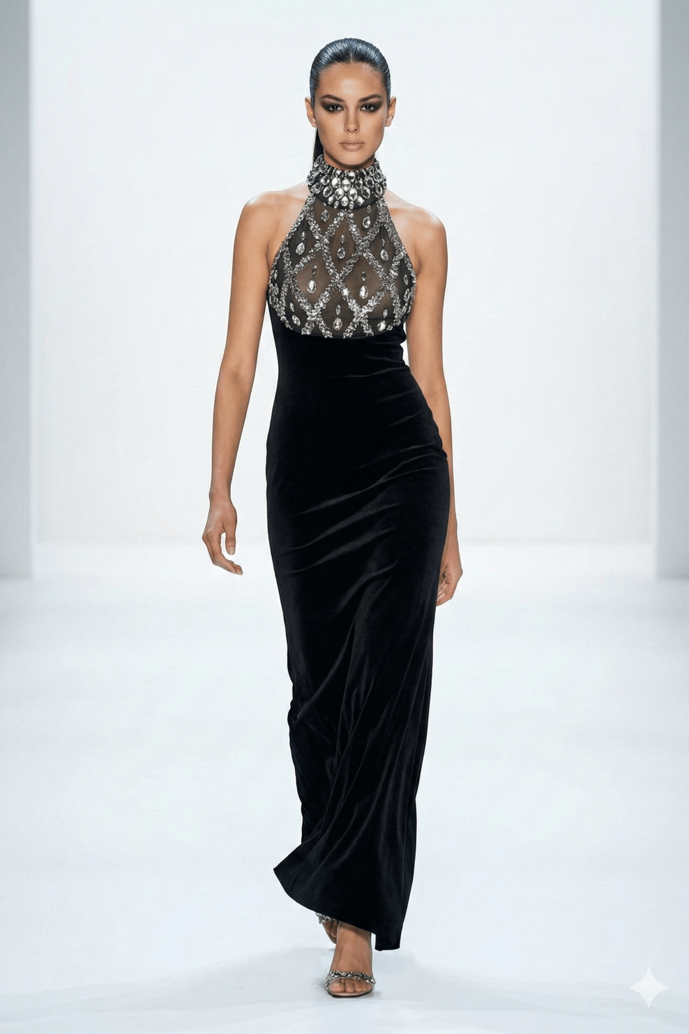 Aurelia Halter Rhinestone Bandage Mermaid Gown by Shine | Ball gown from Luxe Lane | SKU: -1 | Barcode:  | Options: Black S(6) | Woman wearing a black evening gown with a sequined top on a white background