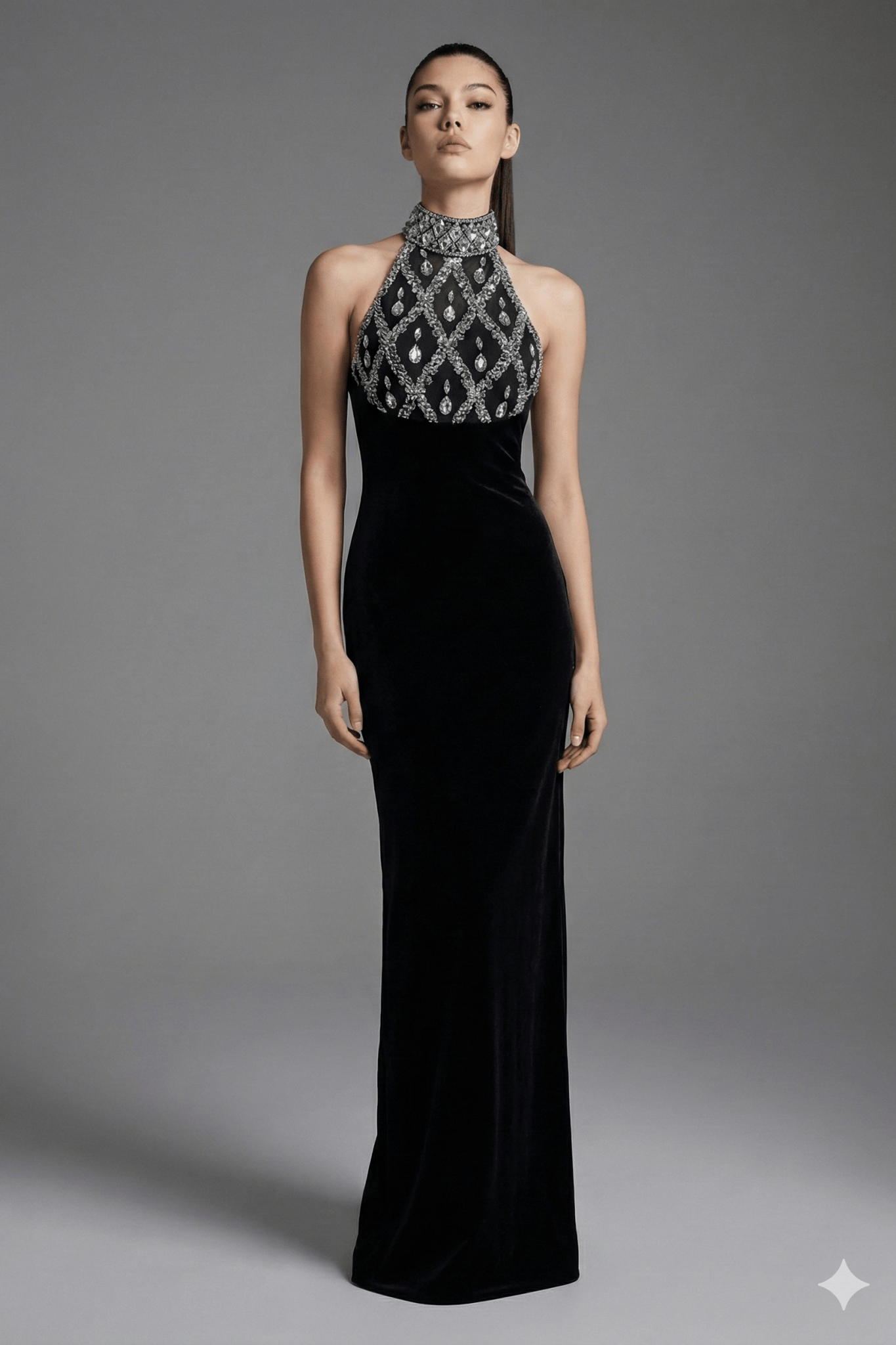Aurelia Halter Rhinestone Bandage Mermaid Gown by Shine | Ball gown from Luxe Lane | SKU: -1 | Barcode:  | Options: Black S(6) | Black evening gown with intricate top design on a gray background
