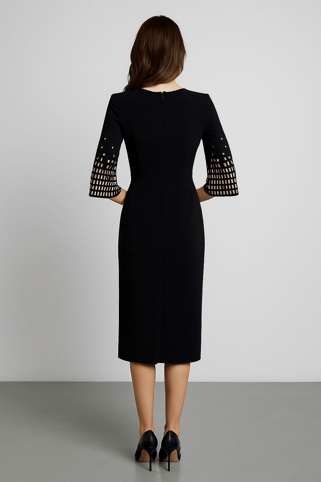 Aurelia Luxe Beaded Midi Dress by Luxe Lane | from Luxe Lane | SKU:  | Barcode:  | Options: Black S | Black dress with embellished sleeves worn by a model on a plain background