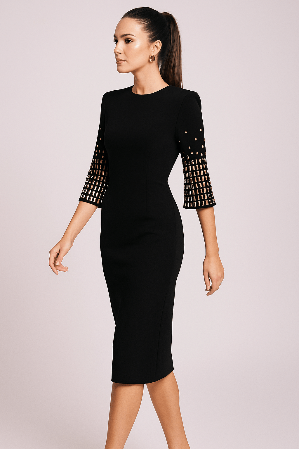 Aurelia Luxe Beaded Midi Dress by Luxe Lane | from Luxe Lane | SKU:  | Barcode:  | Options: Black S | Black dress with metallic cuffs worn by a model on a light pink backgroundmacro detail showing Luxe Lane sequin embroidery on black fabric for luxury cocktail dress