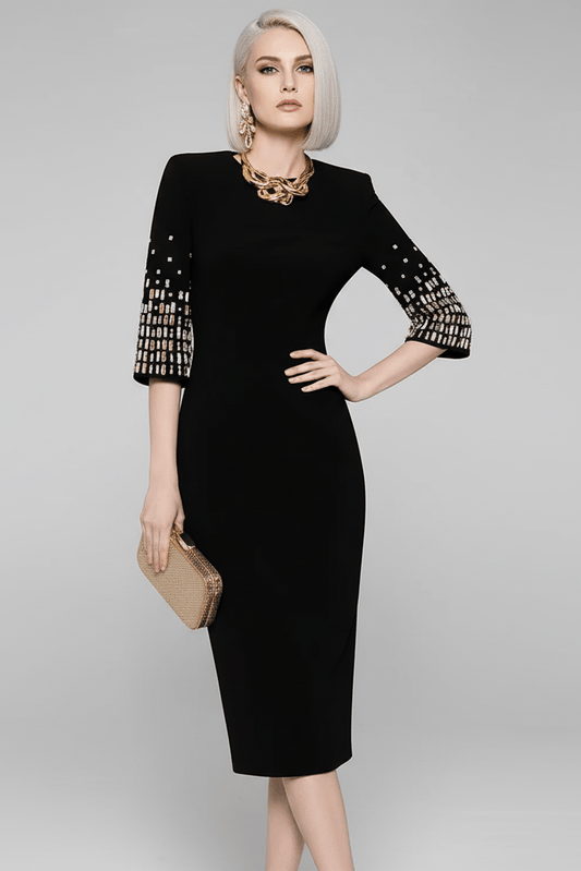Aurelia Luxe Beaded Midi Dress by Luxe Lane | from Luxe Lane | SKU:  | Barcode:  | Options: Black S | front portrait of model wearing Luxe Lane black embellished sleeve midi dress styled for evening events