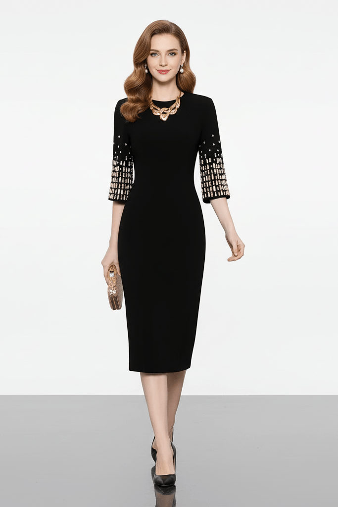 Aurelia Luxe Beaded Midi Dress by Luxe Lane | from Luxe Lane | SKU:  | Barcode:  | Options: Black S | elegant Luxe Lane women’s black party dress with fitted waist and jeweled sleeve accents