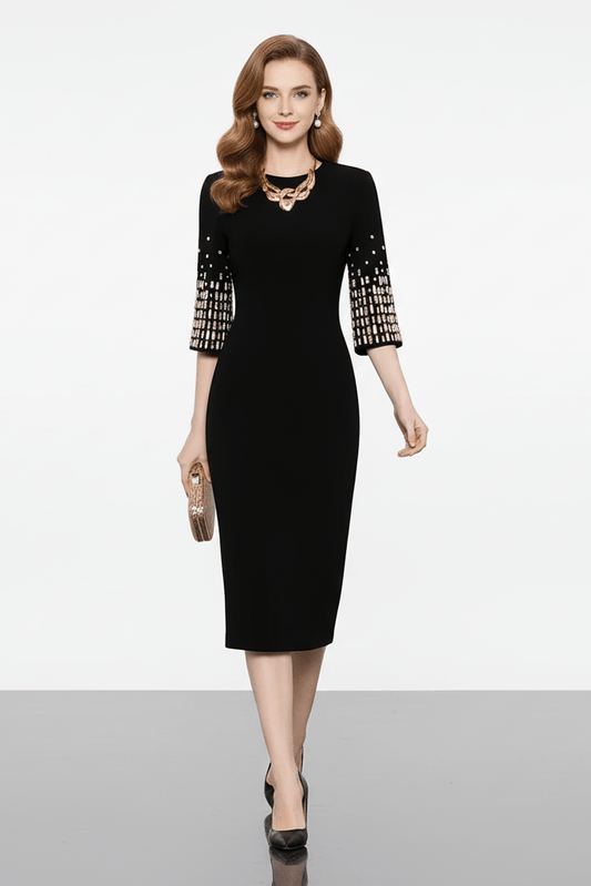 Aurelia Luxe Beaded Midi Dress by Luxe Lane | from Luxe Lane | SKU:  | Barcode:  | Options: Black S | elegant Luxe Lane women’s black party dress with fitted waist and jeweled sleeve accents