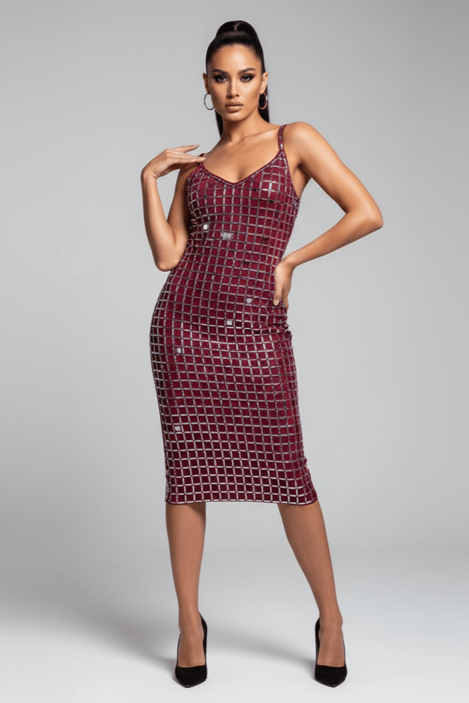 Aurelia Noir Silver Rhinestone Grid Maxi Dress by Shine | from Luxe Lane | SKU: W11226-1 | Barcode:  | Options: Wine Red XS(4) | Aurelia Noir Silver Rhinestone Grid Maxi Dress