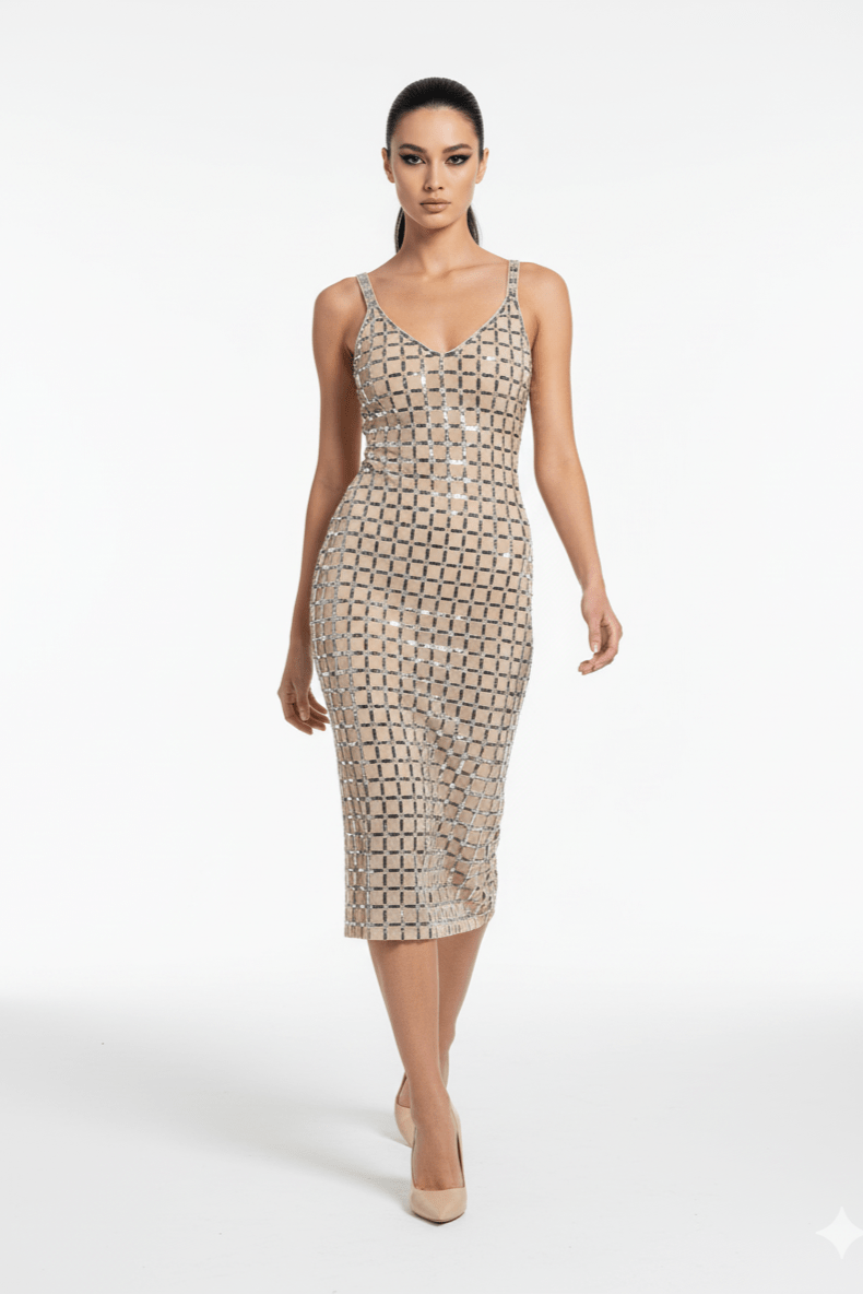 Aurelia Noir Silver Rhinestone Grid Maxi Dress by Shine | from Luxe Lane | SKU: W11226-1 | Barcode:  | Options: Wine Red XS(4) | Aurelia Noir Silver Rhinestone Grid Maxi Dress