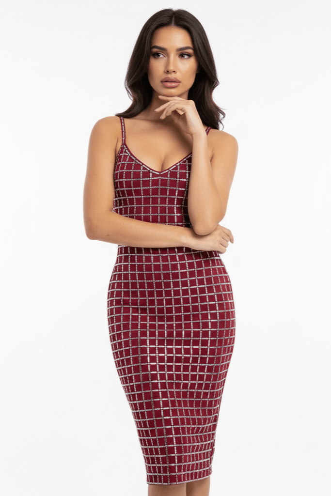 Aurelia Noir Silver Rhinestone Grid Maxi Dress by Shine | from Luxe Lane | SKU: W11226-1 | Barcode:  | Options: Wine Red XS(4) | Aurelia Noir Silver Rhinestone Grid Maxi Dress