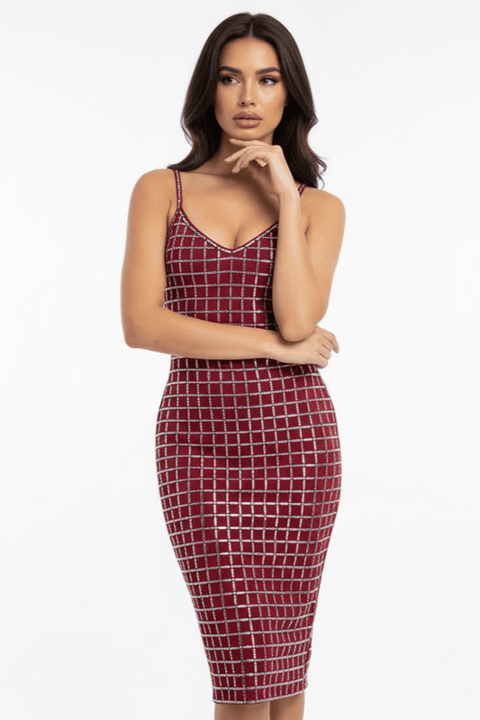 Aurelia Noir Silver Rhinestone Grid Maxi Dress by Shine | from Luxe Lane | SKU: W11226-1 | Barcode:  | Options: Wine Red XS(4) | Aurelia Noir Silver Rhinestone Grid Maxi Dress