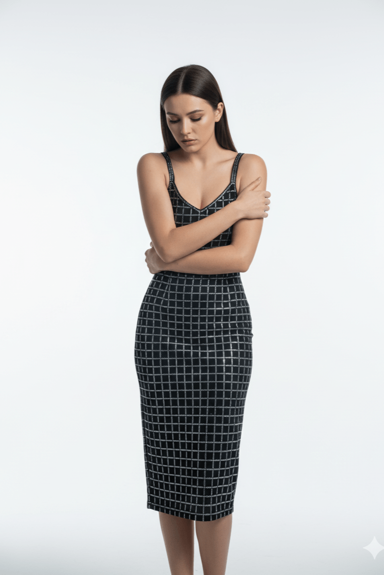 Aurelia Noir Silver Rhinestone Grid Maxi Dress by Shine | from Luxe Lane | SKU: W11226-5 | Barcode:  | Options: Black XS(4) | Aurelia Noir Silver Rhinestone Grid Maxi Dress