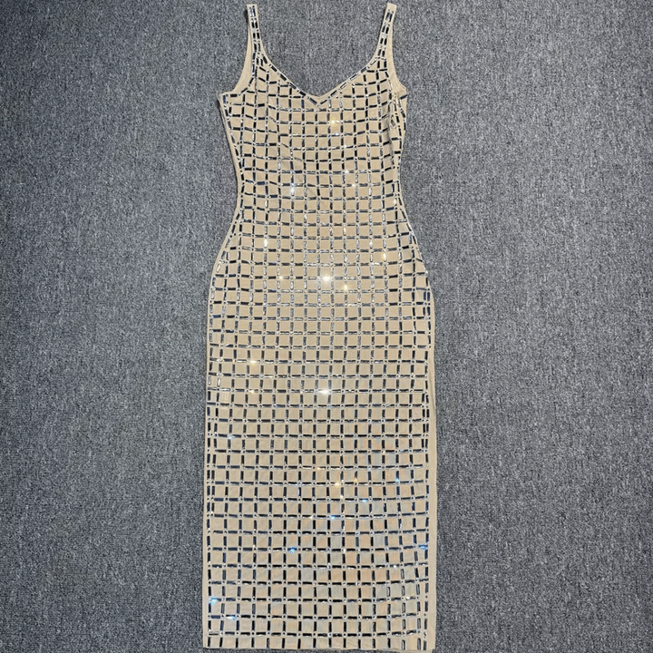 Aurelia Noir Silver Rhinestone Grid Maxi Dress by Shine | from Luxe Lane | SKU: W11226-5 | Barcode:  | Options: Black XS(4) | Luxury Black and Silver Grid Rhinestone Shiny Sexy Party Dress Spaghetti Strap Backless Long Bodycon Maxi Evening Dresses