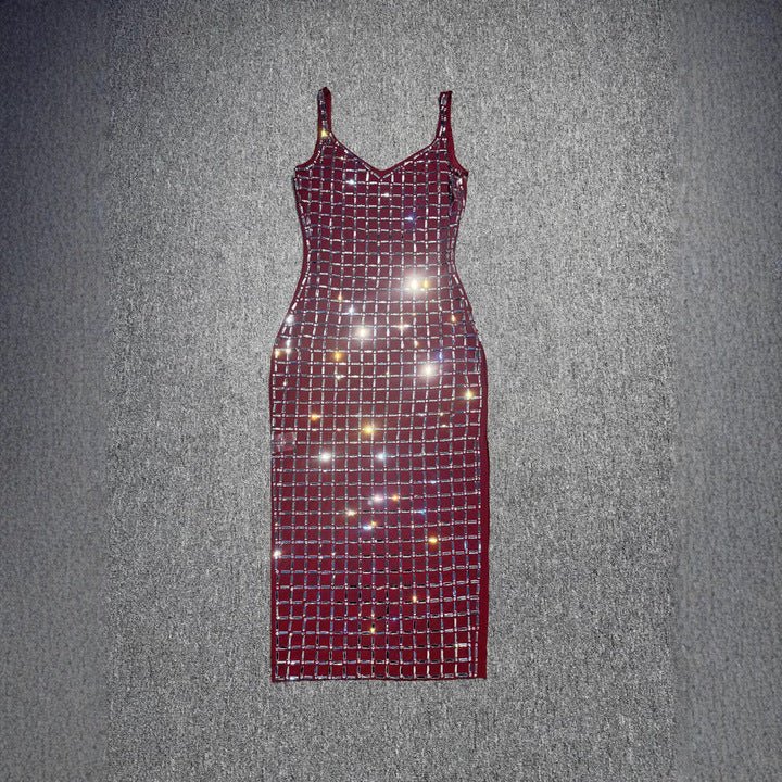 Aurelia Noir Silver Rhinestone Grid Maxi Dress by Shine | from Luxe Lane | SKU: W11226-5 | Barcode:  | Options: Black XS(4) | Luxury Black and Silver Grid Rhinestone Shiny Sexy Party Dress Spaghetti Strap Backless Long Bodycon Maxi Evening Dresses