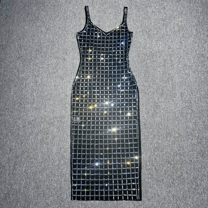 Aurelia Noir Silver Rhinestone Grid Maxi Dress by Shine | from Luxe Lane | SKU: W11226-5 | Barcode:  | Options: Black XS(4) | Luxury Black and Silver Grid Rhinestone Shiny Sexy Party Dress Spaghetti Strap Backless Long Bodycon Maxi Evening Dresses