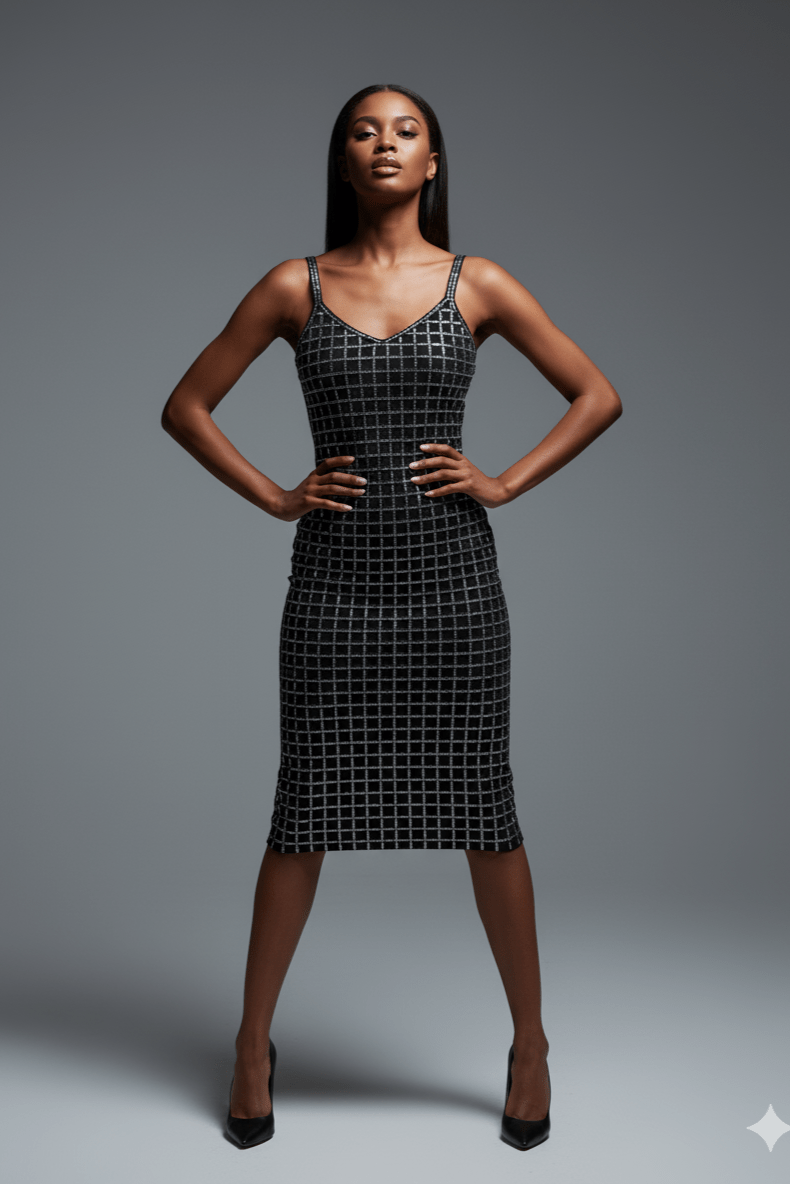 Aurelia Noir Silver Rhinestone Grid Maxi Dress by Shine | from Luxe Lane | SKU: W11226-9 | Barcode:  | Options: Apricot XS(4) | Aurelia Noir Silver Rhinestone Grid Maxi Dress