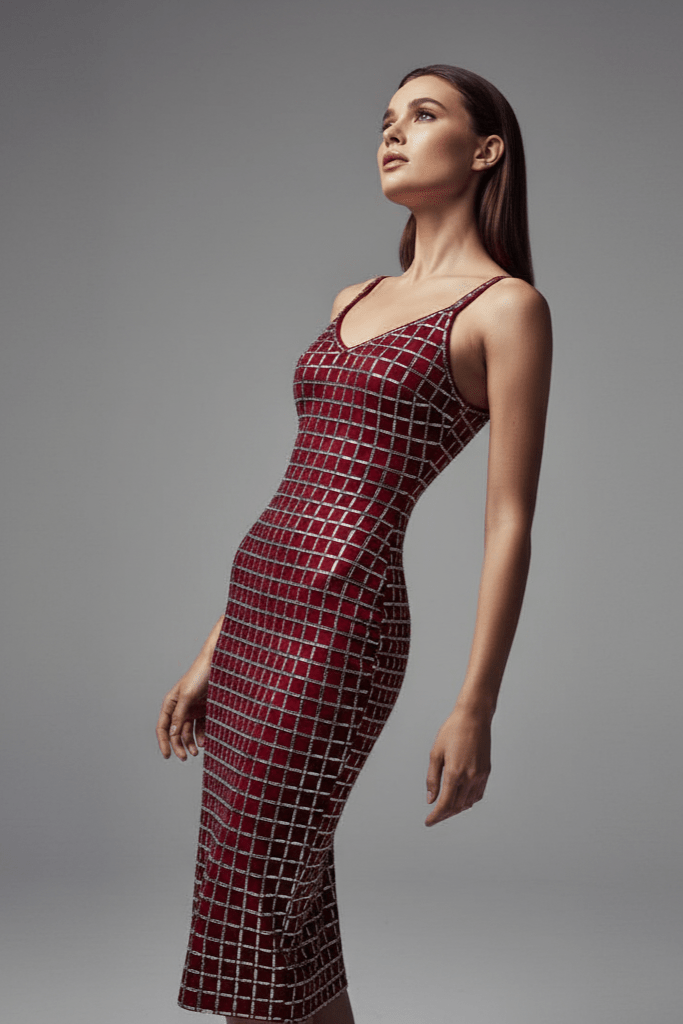 Aurelia Noir Silver Rhinestone Grid Maxi Dress by Shine | from Luxe Lane | SKU: W11226-9 | Barcode:  | Options: Apricot XS(4) | Aurelia Noir Silver Rhinestone Grid Maxi Dress
