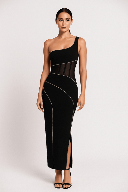 Aurelia One - Shoulder Backless Bandage Gown by Luxe Lane | from Luxe Lane | SKU:  | Barcode:  | Options: Black M | Aurelia One - Shoulder Backless Bandage Gown