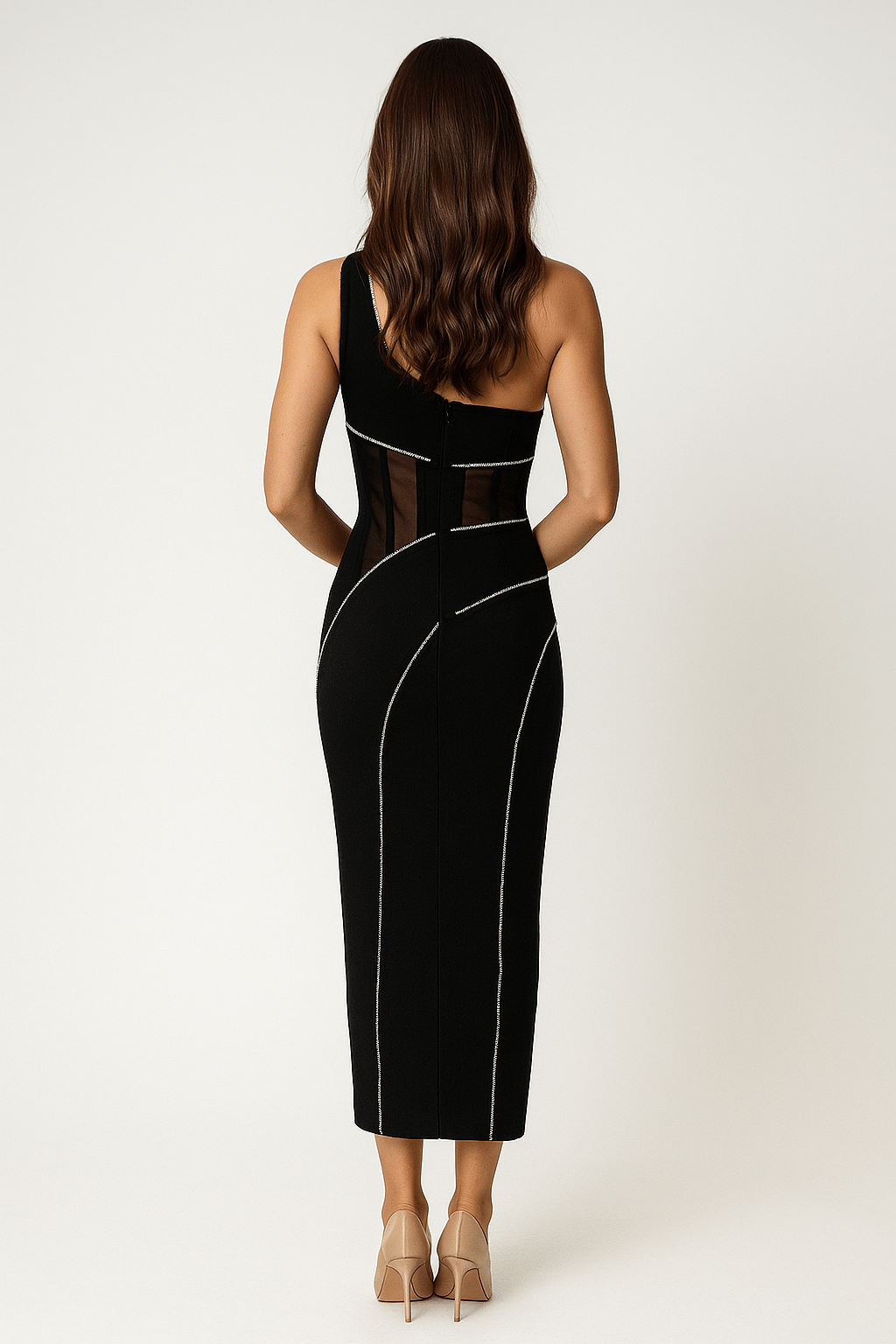 Aurelia One - Shoulder Backless Bandage Gown by Luxe Lane | from Luxe Lane | SKU:  | Barcode:  | Options: Black M | Aurelia One - Shoulder Backless Bandage Gown
