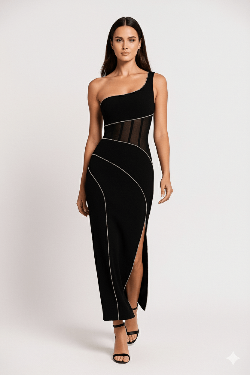 Aurelia One - Shoulder Backless Bandage Gown by Luxe Lane | from Luxe Lane | SKU:  | Barcode:  | Options: Black M | Aurelia One - Shoulder Backless Bandage Gown