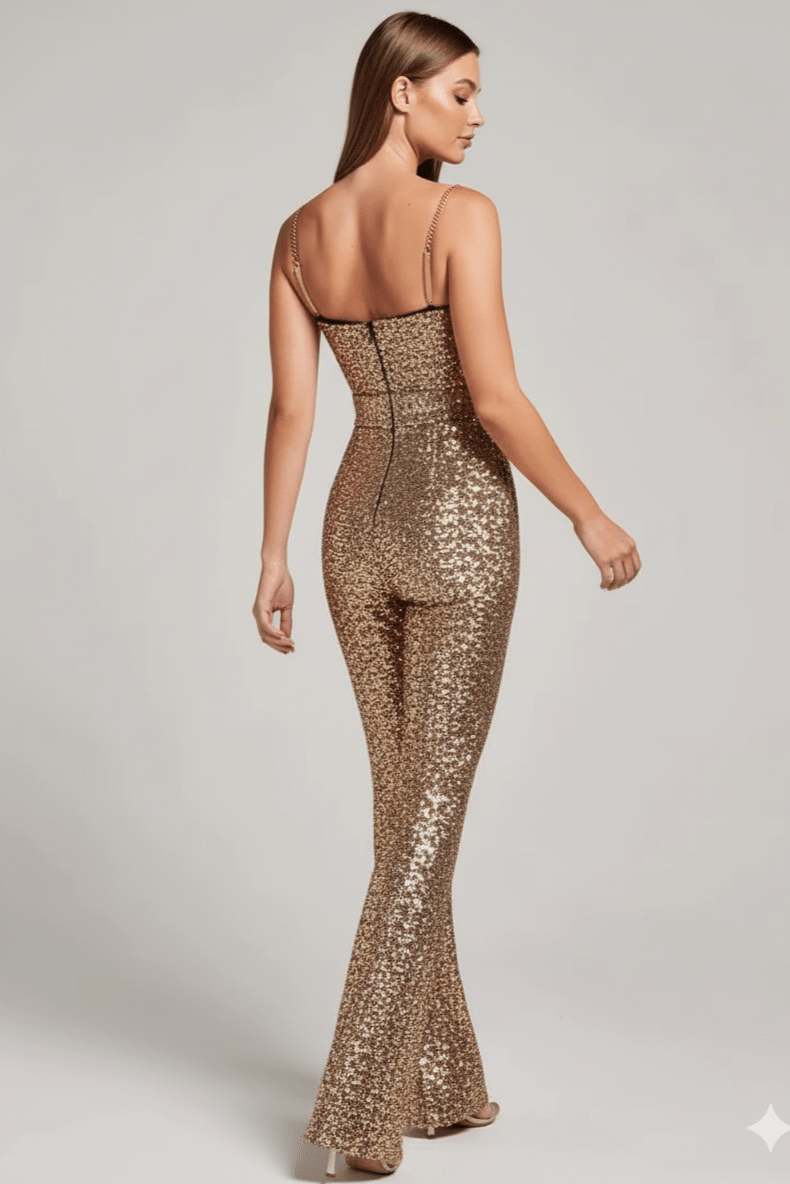 Aurelia Sequin Spaghetti Strap Jumpsuit by Luxe Lane | from Luxe Lane | SKU:  | Barcode:  | Options: Rose gold XS | Aurelia Sequin Spaghetti Strap Jumpsuit