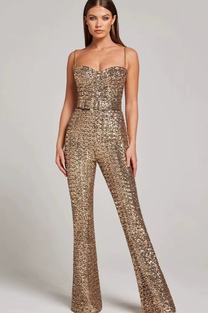 Aurelia Sequin Spaghetti Strap Jumpsuit by Luxe Lane | from Luxe Lane | SKU:  | Barcode:  | Options: Rose gold XS | Aurelia Sequin Spaghetti Strap Jumpsuit
