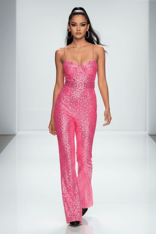 Aurelia Sequin Strap Jumpsuit by Luxe Lane | from Luxe Lane | SKU:  | Barcode:  | Options: Fuchsia XS | Aurelia Sequin Strap Jumpsuit