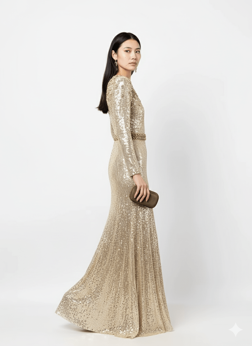 Aureline Gold Sequin Beaded Gown by Luxe Lane | from Luxe Lane | SKU:  | Barcode:  | Options: Gold XL | elegant Luxe Lane women’s gold sequin evening dress with long sleeves and radiant shine