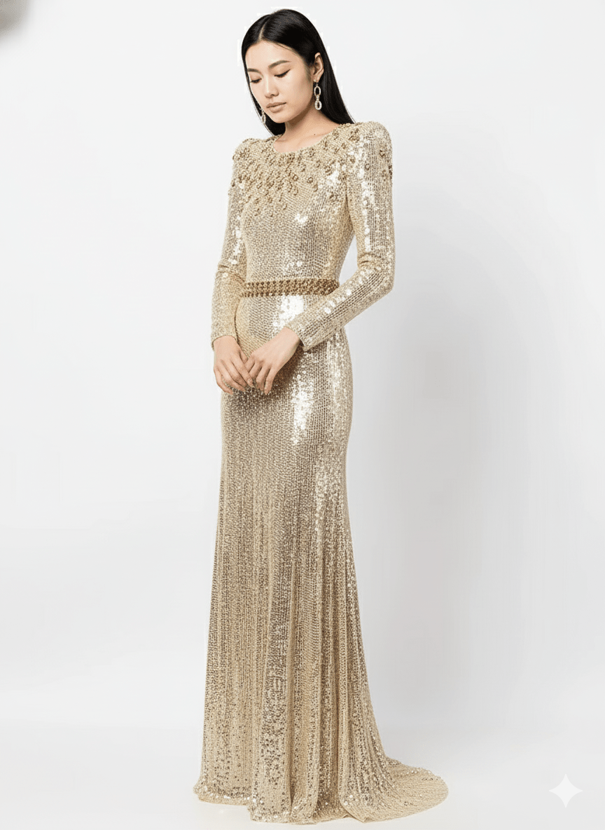 Aureline Gold Sequin Beaded Gown by Luxe Lane | from Luxe Lane | SKU:  | Barcode:  | Options: Gold XL | front view of Luxe Lane gold sequin long - sleeve gown with fitted waist and floor - length hem