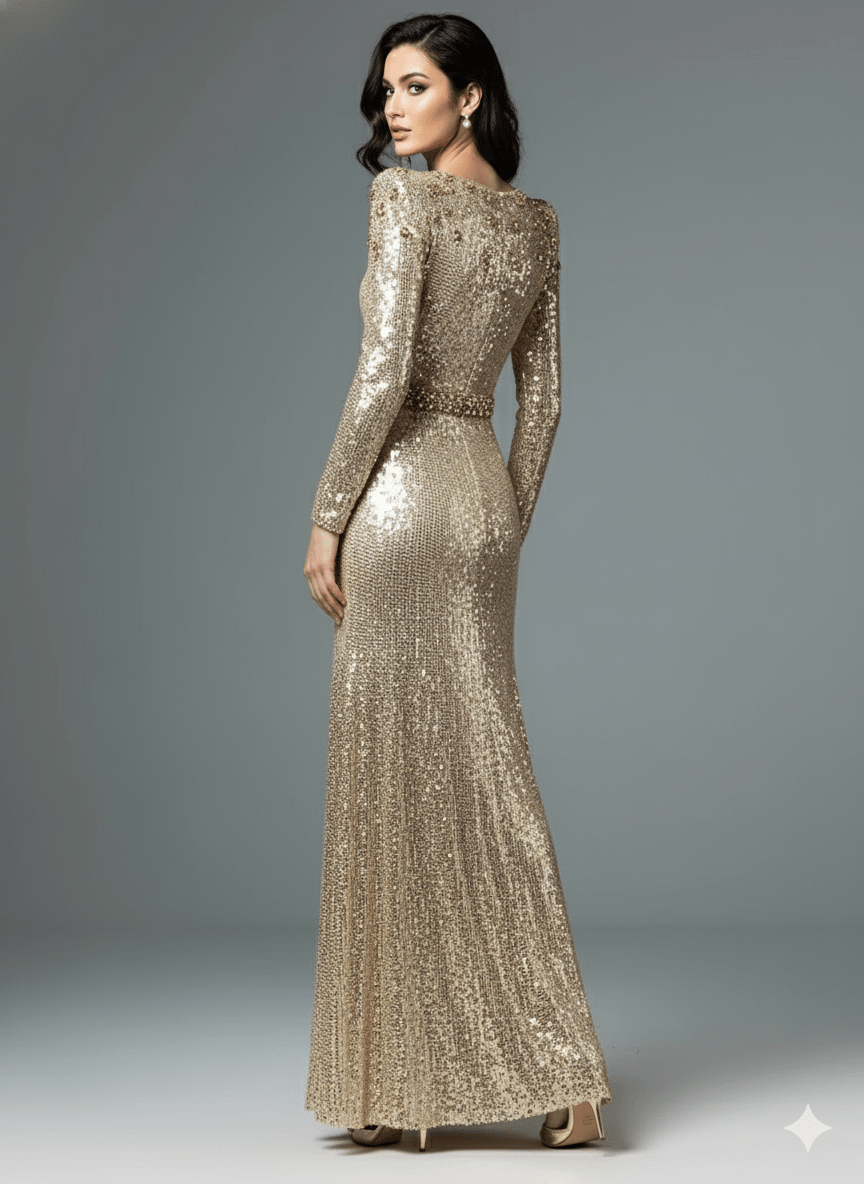 Aureline Gold Sequin Beaded Gown by Luxe Lane | from Luxe Lane | SKU:  | Barcode:  | Options: Gold XL | back view of Luxe Lane gold sequin evening gown with long sleeves and elegant train