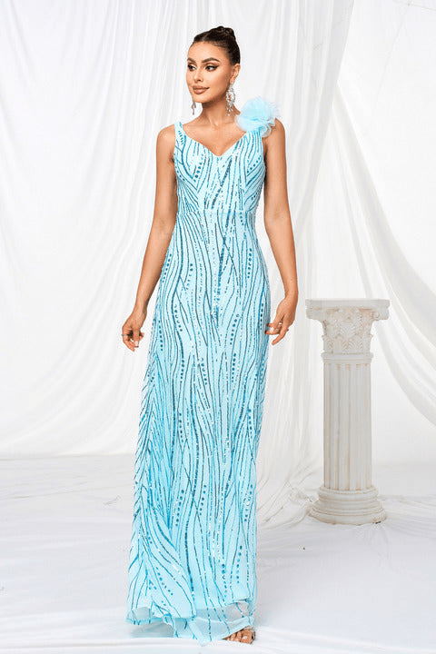 Aureline Sequin Floral A - Line Evening Gown by Luxe Lane | Dresses from Luxe Lane | SKU: -1 | Barcode:  | Options: Blue S | Wholesale Dropshipping Elegant Women Light Blue Sequin Maxi Party Dress V Neck Formal Long Gown Evening Dresses